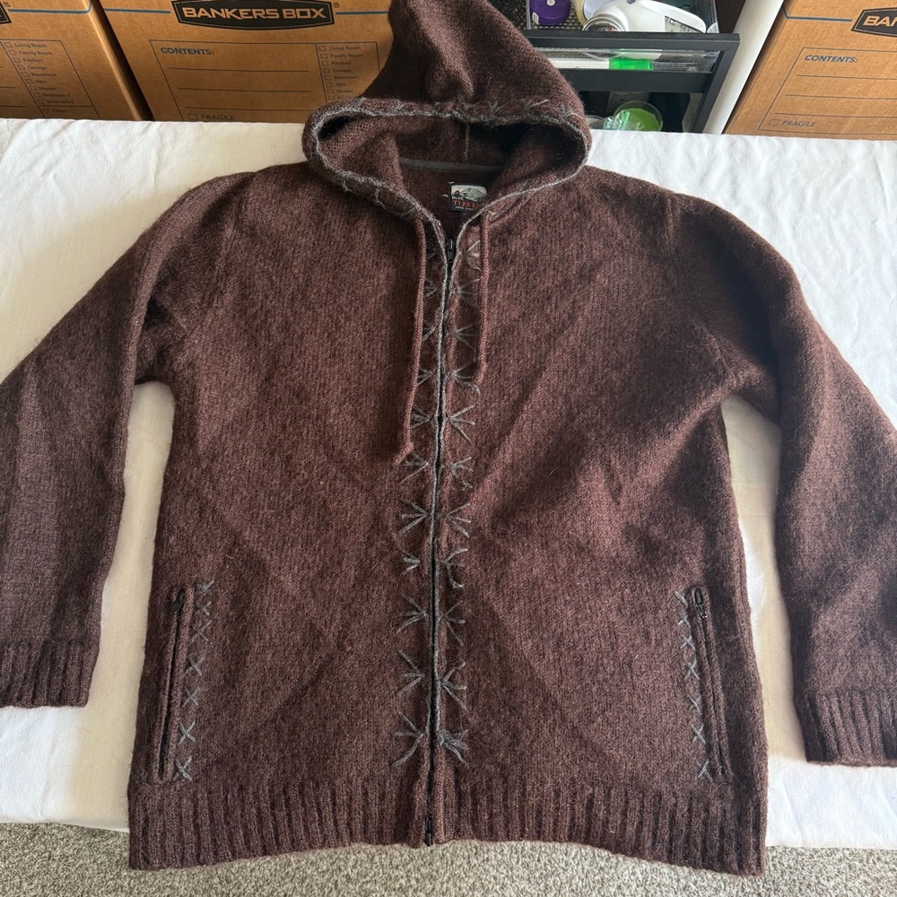 Full Zip Hooded Wool Sweater Mens Large Brown Western Native Cowichan Heavy - Picture 3 of 13